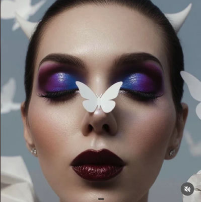 AI-generated close-up portrait of a woman with butterfly-themed makeup
