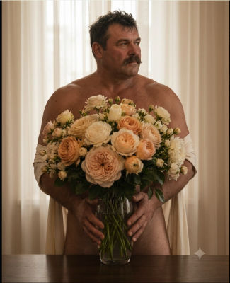 AI-generated image of a shirtless man holding a bouquet of roses