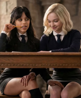 AI-generated image of Jenna Ortega and Anya Taylor-Joy as schoolgirls