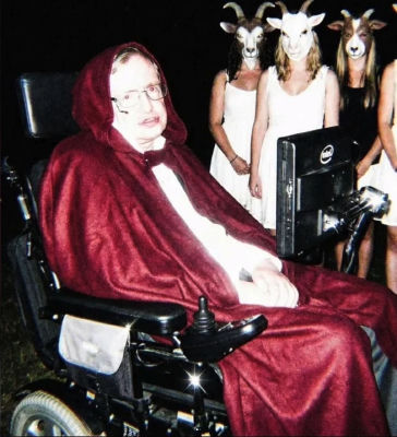 AI-generated image of Stephen Hawking in a maroon robe with goat-headed figures