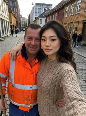 AI-generated image of a man in workwear and a woman on a cobblestone street