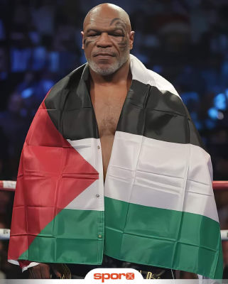 AI-generated image of Mike Tyson draped in a Palestinian flag in a boxing ring