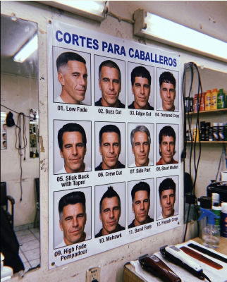AI-generated barbershop poster showing Jeffrey Epstein modeling 12 different haircuts