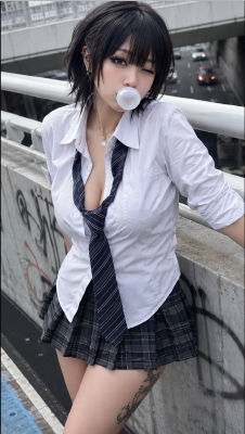 AI-generated anime-style illustration of a young woman in a school uniform blowing a bubble