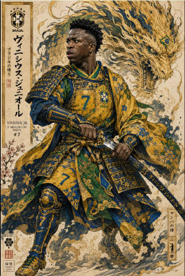 AI-generated illustration of Vinicius Jr. as a samurai in Brazilian colors