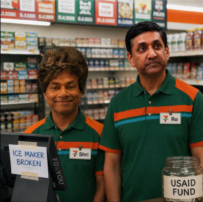 AI-generated image of Ro Khanna and Shri Thanedar as 7-Eleven clerks in political satire