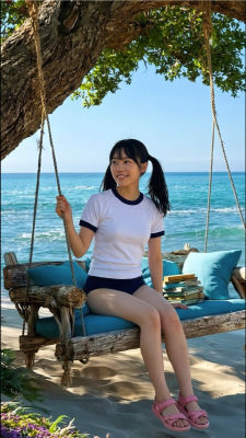 AI-generated image of a young woman on a beach swing under a tree