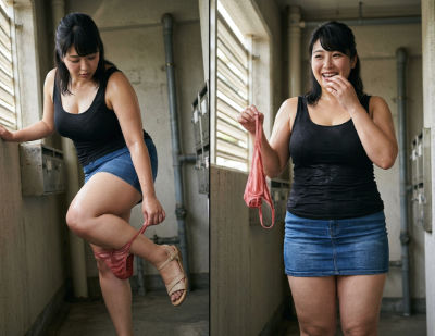 AI generated  images of a woman in a corridor with pink lingerie