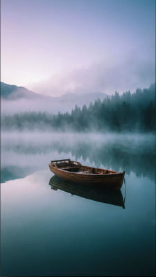 AI-generated image of a wooden rowboat on a misty mountain lake