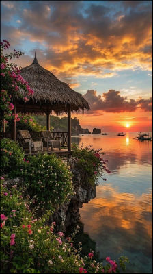 AI-generated tropical sunset scene with thatched-roof hut on a coastal cliff