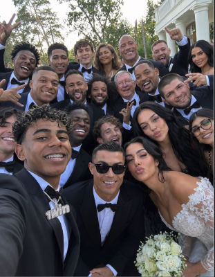 AI-generated wedding group photo featuring Cristiano Ronaldo, Kim Kardashian, Will Smith, and Dwayne Johnson