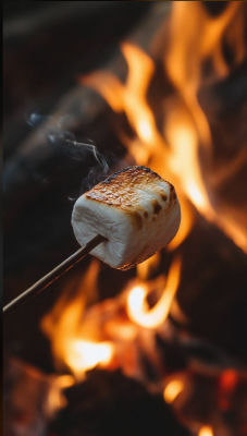 AI-generated image of a marshmallow roasting on a stick over a fire