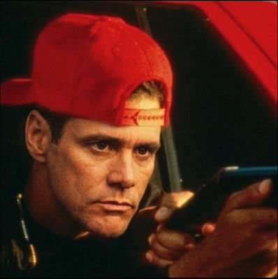 AI-generated image of Jim Carrey wearing a red cap and looking at a phone