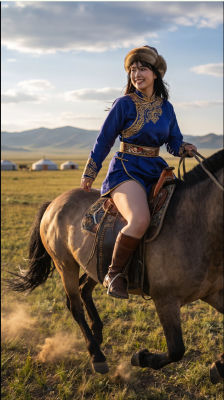AI-generated image of a woman  riding a horse in traditional Mongolian attire