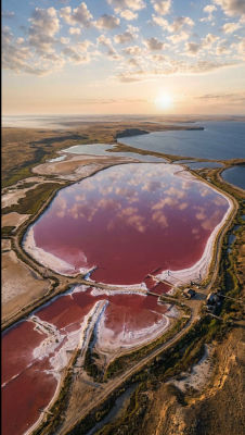 AI-generated aerial view of pink salt lakes at sunset