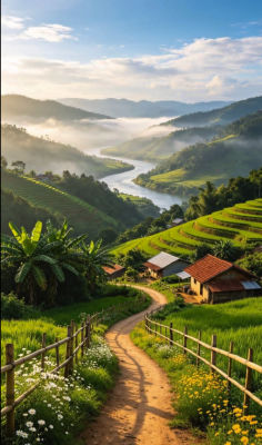 AI-generated landscape of a misty river valley with terraced rice fields