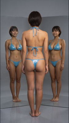 AI-generated image resembling unidentified woman in a blue bikini studio shoot