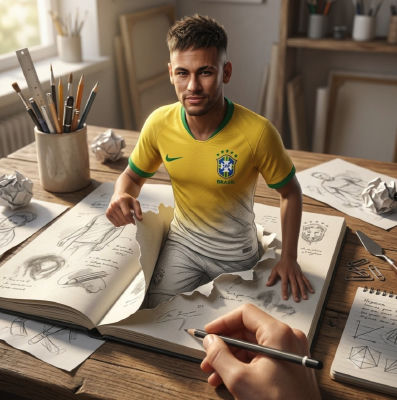 AI-generated image of Neymar emerging from a sketchbook wearing Brazil jersey