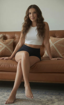 AI-generated image of Millie Bobby Brown seated on a brown leather sofa
