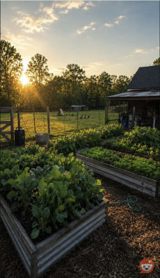 AI-generated image of a vegetable garden at sunset