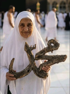 AI-generated image of a women at Hajj holding a wooden branch