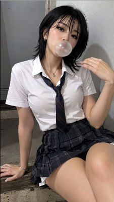 AI-generated portrait of a woman in school uniform blowing a bubble