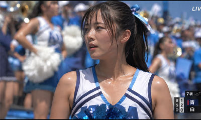 AI-generated image of Sakurako Ōhara in cheerleader uniform at baseball game
