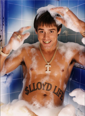 AI-generated image of Jim Carrey in a bubble bath with '$LLOYD LIFE' tattoo