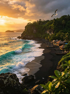 AI-generated tropical beach scene at sunset with thatched huts and fishing boats