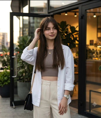 AI-generated image of a woman outside a café storefront