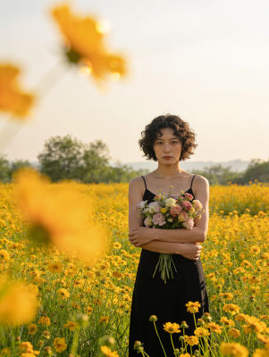 AI-generated image of a woman in a flower field holding a bouquet