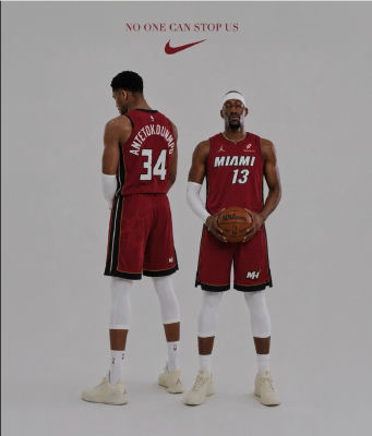 AI-generated Nike promotional image of Giannis Antetokounmpo and Bam Adebayo in Miami Heat jerseys
