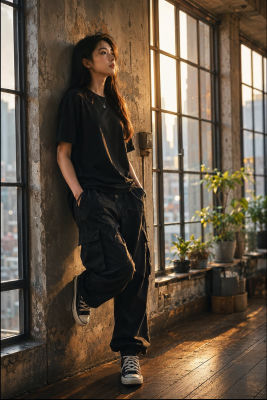 AI-generated image of a woman in an industrial loft portrait