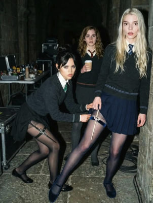 Deepfake of Anya Taylor-Joy, Jenna Ortega, and Emma Watson in Hogwarts-style school uniforms