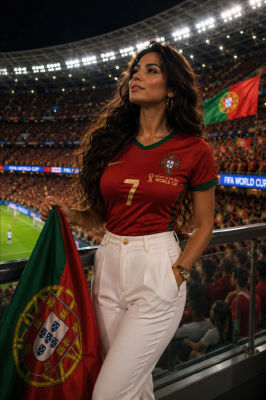 AI-generated image of a woman in a Portugal jersey at a FIFA World Cup stadium