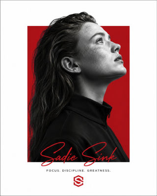 AI-generated motivational poster of Sadie Sink with 'Focus. Discipline. Greatness.' tagline