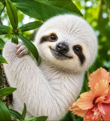 AI-generated image of a baby sloth among tropical foliage and a hibiscus flower