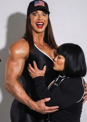 AI-generated image of two women in athletic wear embracing