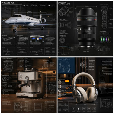 AI-generated four-panel product infographic set: private jet, camera lens, espresso machine, and headphones
