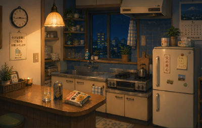 AI-generated illustration of a cozy Japanese apartment kitchen at night