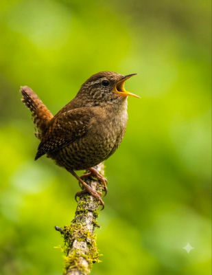 AI-generated image of a wren singing on a mossy branch