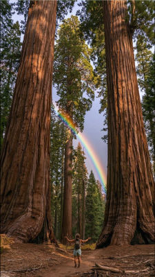AI-generated image of a person among giant sequoia trees under a rainbow