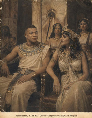 AI-generated image of Kylian Mbappé seated with Cleopatra in ancient Alexandria