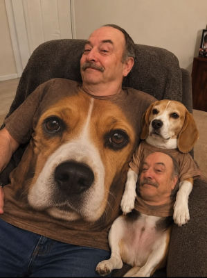 AI-generated image of a man and beagle in swapped-face shirts