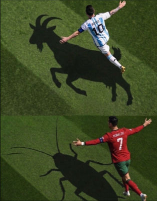 AI-generated Messi GOAT vs Ronaldo insect shadow comparison meme