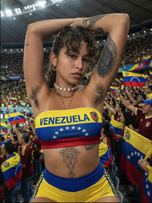 AI-generated image of an unidentified young woman in Venezuela attire at a stadium