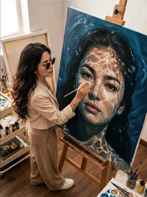 AI-generated image of a woman painting an underwater portrait