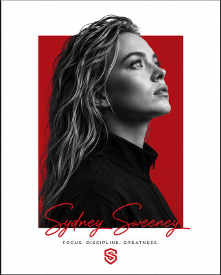 AI-generated 'Sydney Sweeney' portrait with 'Focus. Discipline. Greatness.' tagline