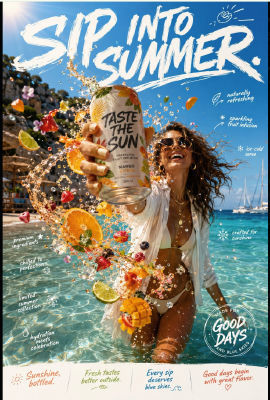 AI-generated advertisement of a woman promoting 'Taste the Sun' mango citrus sparkling fruit infusion
