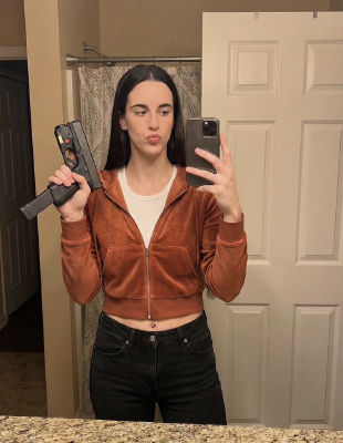 AI-generated image resembling Caitlyn Clark holding a firearm in a mirror selfie